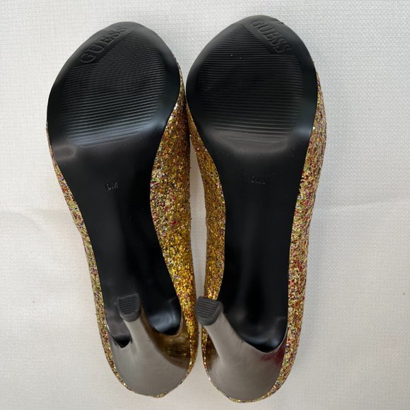 Guess Glitter Multicolor Gold Peep Toe Platform Heels Holiday Women's Size 9M - Picture 6 of 16